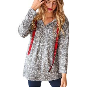 NEW NOW N FOREVER GREY LEOPARD PRINT & PLAID DRAWSTRING HOODIE